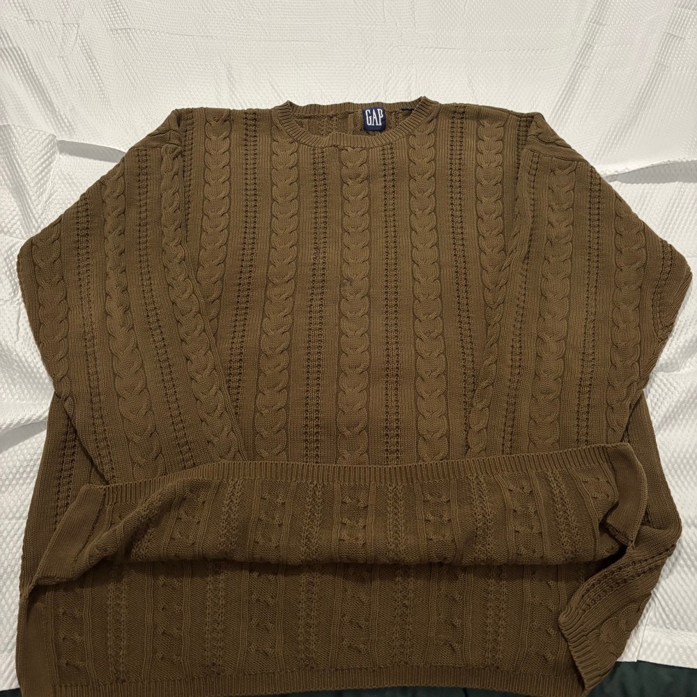 Vintage GAP Mens Cable Knit Sweater Brown Olive Crewneck 90s Relaxed Fit XL - Picture 3 of 10